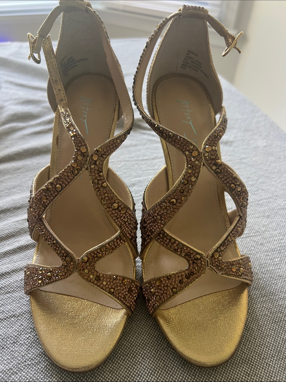 Betsey Johnson Gold Jeweled Strappy High Heel Sandals - Picture 2 of 4